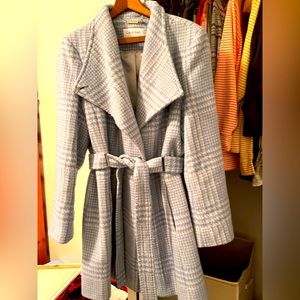Calvin Klein blue and white plaid coat.